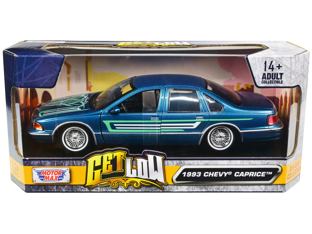 1993 Chevrolet Caprice Lowrider Blue Metallic with Graphics 'Get Low' Series 1/24 Diecast Model Car by Motormax