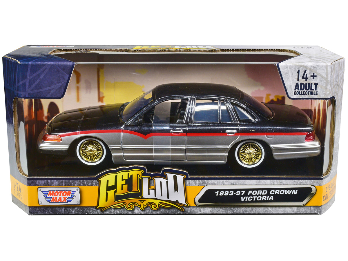 1993-1997 Ford Crown Victoria Lowrider Black Metallic and Silver with Red Stripes 'Get Low' Series 1/24 Diecast Model Car by Motormax