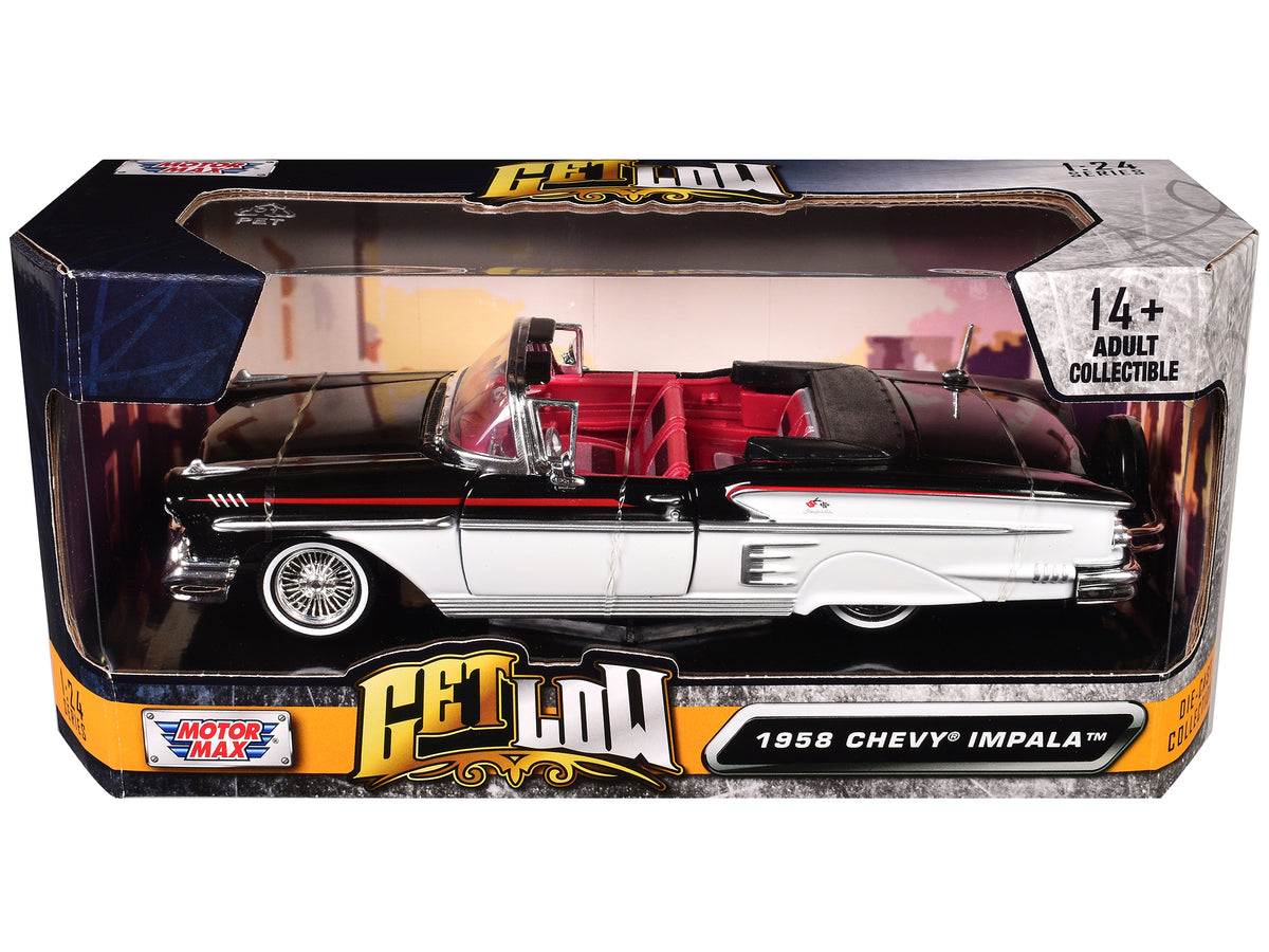 1958 Chevrolet Impala Convertible Lowrider Black and White with Red Interior 'Get Low' Series 1/24 Diecast Model Car by Motormax