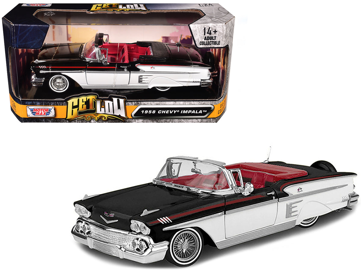 1958 Chevrolet Impala Convertible Lowrider Black and White with Red Interior 'Get Low' Series 1/24 Diecast Model Car by Motormax