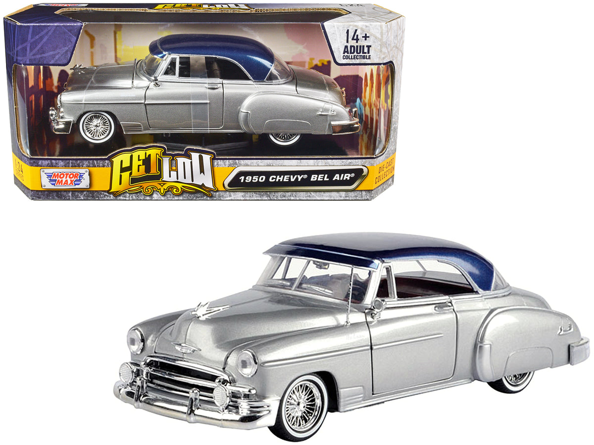 1950 Chevrolet Bel Air Lowrider Silver Metallic with Blue Metallic Top 'Get Low' Series 1/24 Diecast Model Car by Motormax