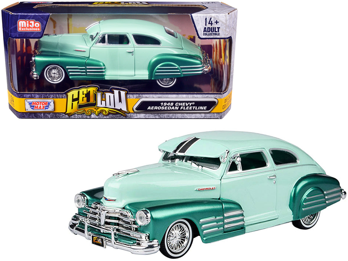 1948 Chevrolet Aerosedan Fleetside Lowrider Pastel Green and Green Metallic Two-Tone 'Get Low' Series 1/24 Diecast Model Car by Motormax