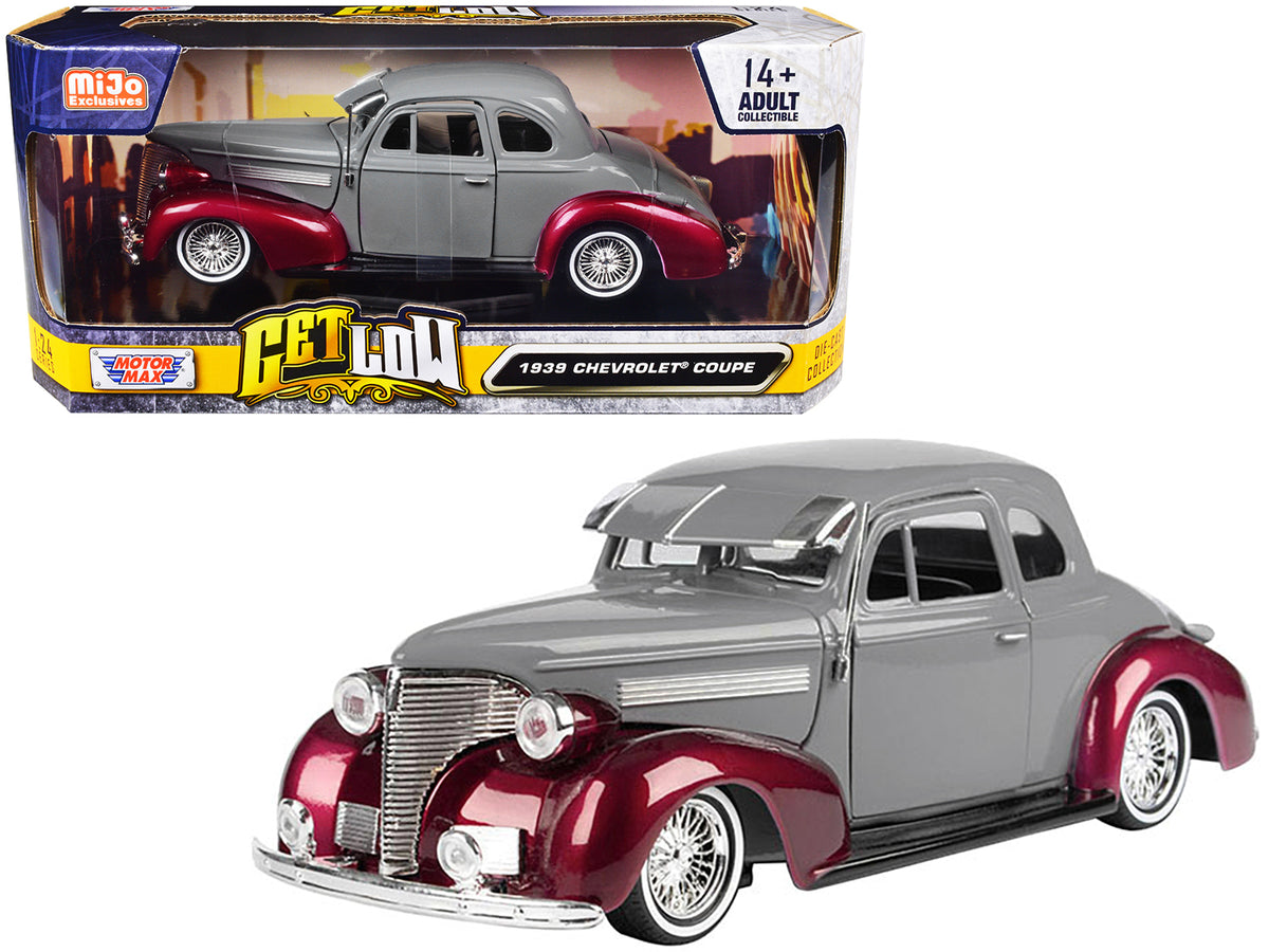 1939 Chevrolet Coupe Lowrider Gray and Red Metallic 'Get Low' Series 1/24 Diecast Model Car by Motormax