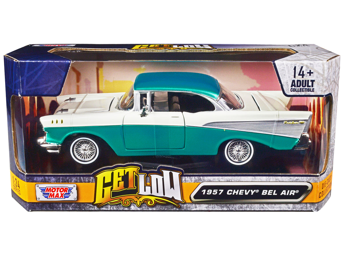 1957 Chevrolet Bel Air Lowrider Turquoise Metallic and White 'Get Low' Series 1/24 Diecast Model Car by Motormax