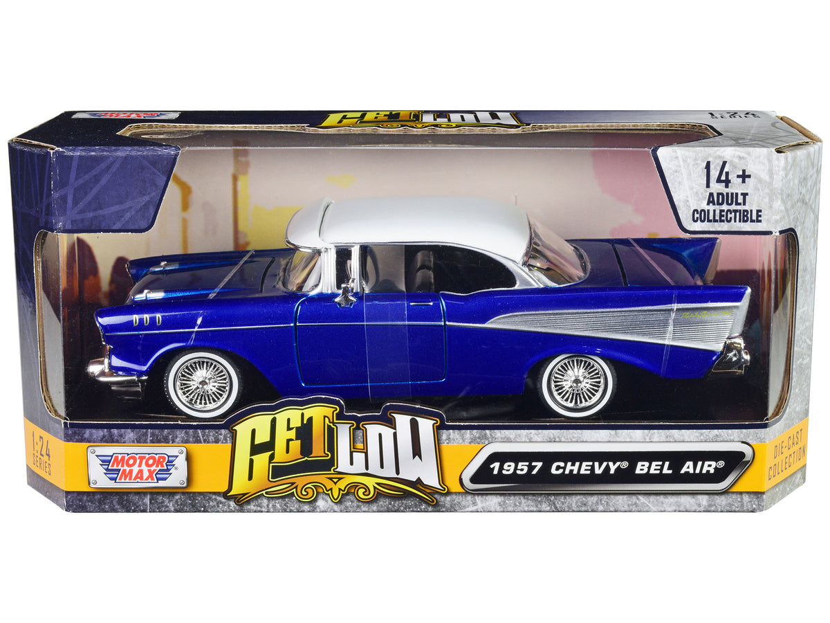 1957 Chevrolet Bel Air Lowrider Candy Blue with White Top 'Get Low' Series 1/24 Diecast Model Car by Motormax