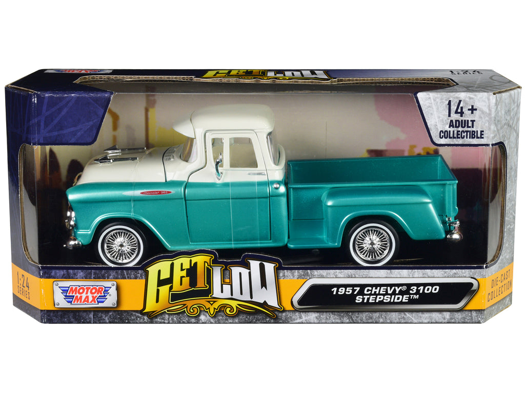 1957 Chevrolet 3100 Stepside Pickup Truck Lowrider Turquoise Metallic and White with White Interior 'Get Low' Series 1/24 Diecast Model Car by Motormax
