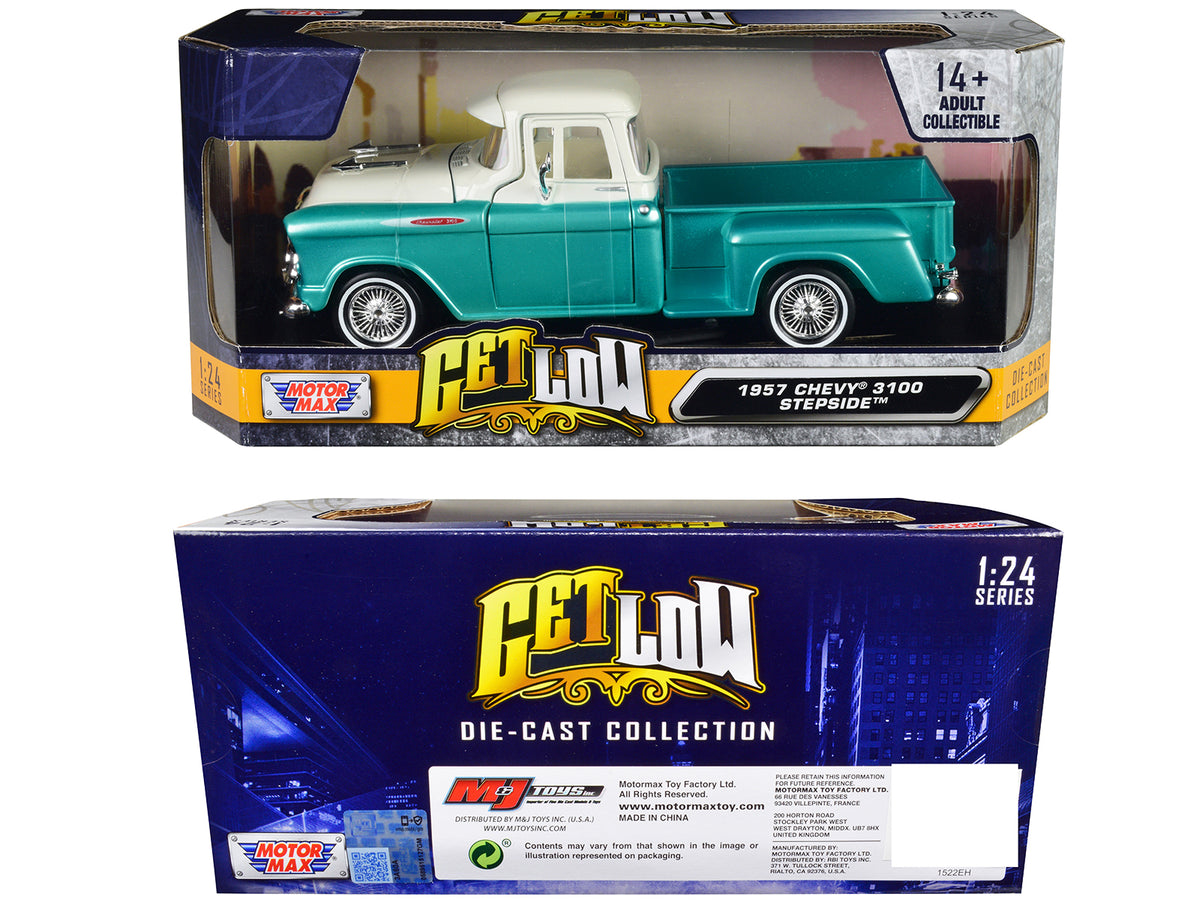 1957 Chevrolet 3100 Stepside Pickup Truck Lowrider Turquoise Metallic and White with White Interior 'Get Low' Series 1/24 Diecast Model Car by Motormax