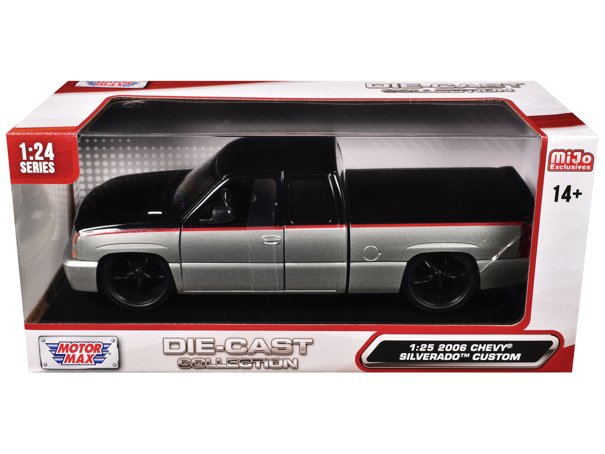 2006 Chevrolet Silverado Custom Pickup Truck Silver Metallic and Black with Red Stripes 'Die-Cast Collection' Series 1/25 Diecast Model Car by Motormax
