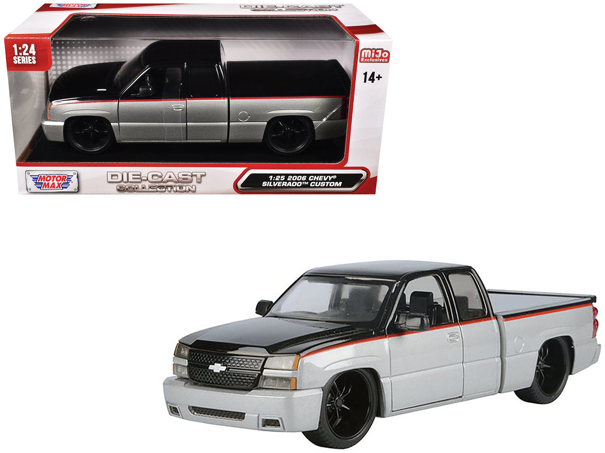 2006 Chevrolet Silverado Custom Pickup Truck Silver Metallic and Black with Red Stripes 'Die-Cast Collection' Series 1/25 Diecast Model Car by Motormax