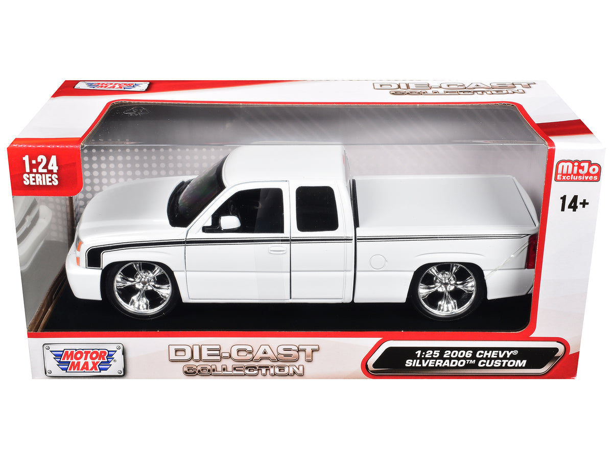2006 Chevrolet Silverado Custom Pickup Truck White with Black Stripes 'Die-Cast Collection' Series 1/25 Diecast Model Car by Motormax