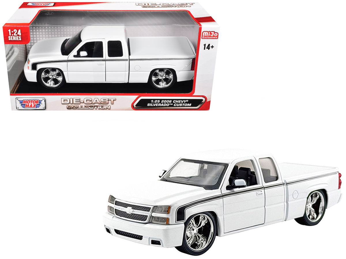2006 Chevrolet Silverado Custom Pickup Truck White with Black Stripes 'Die-Cast Collection' Series 1/25 Diecast Model Car by Motormax