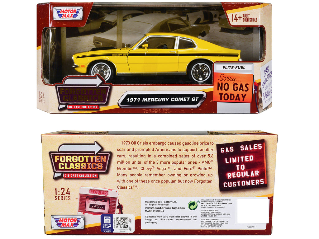 1971 Mercury Comet GT Yellow with Black Stripes 'Forgotten Classics' Series 1/24 Diecast Model Car by Motormax
