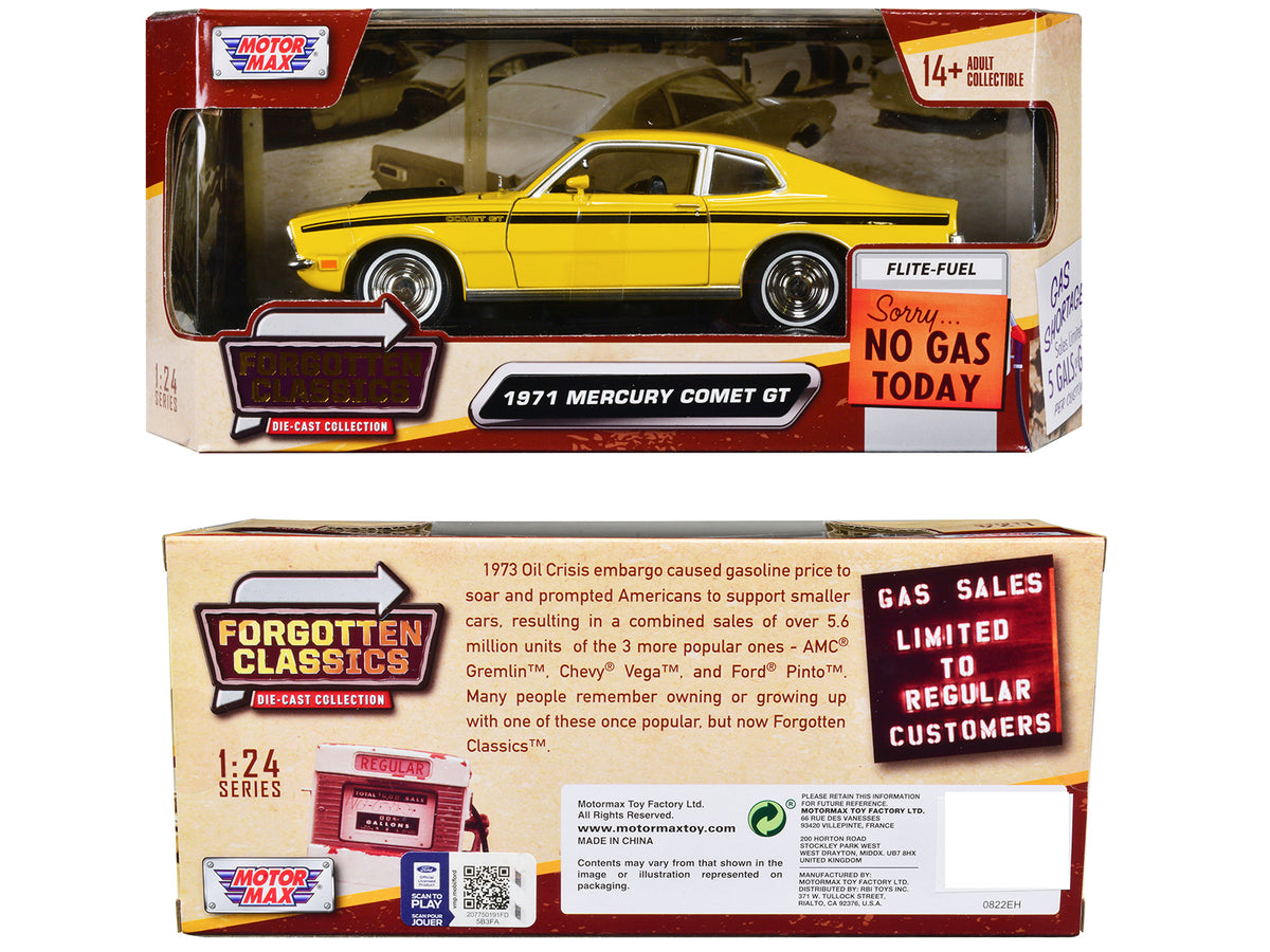 1971 Mercury Comet GT Yellow with Black Stripes 'Forgotten Classics' Series 1/24 Diecast Model Car by Motormax