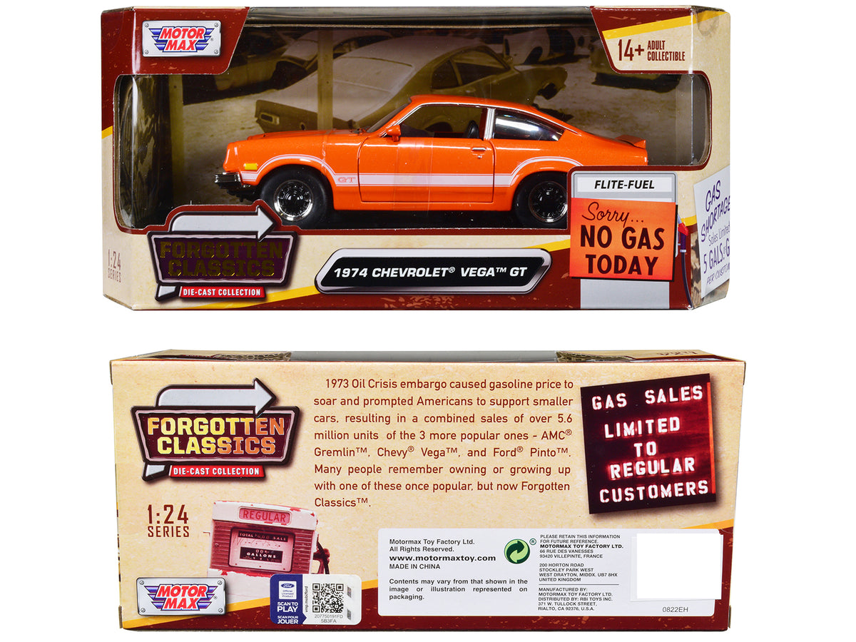 1974 Chevrolet Vega GT Orange Metallic with White Stripes 'Forgotten Classics' Series 1/24 Diecast Model Car by Motormax