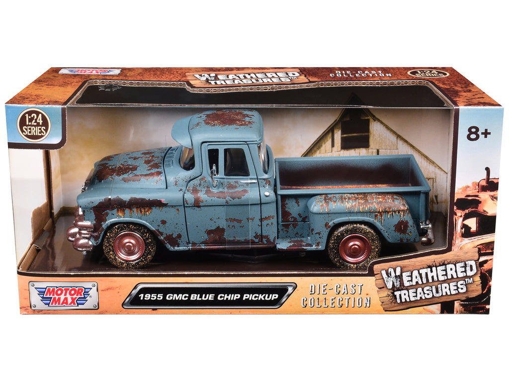 1955 GMC Blue Chip Pickup Truck Matt Blue (Rusted) 'Weathered Treasures' Series 1/24 Diecast Model Car by Motormax
