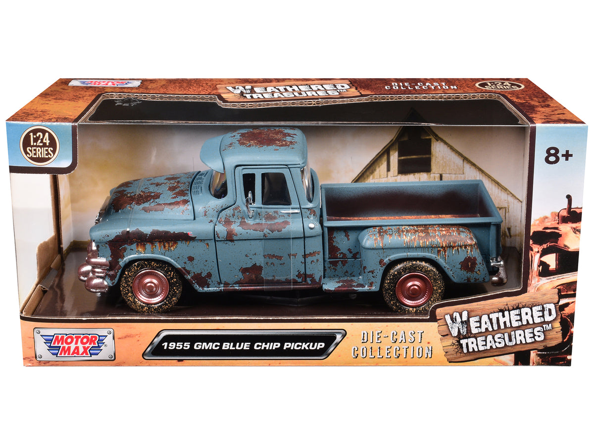 1955 GMC Blue Chip Pickup Truck Matt Blue (Rusted) 'Weathered Treasures' Series 1/24 Diecast Model Car by Motormax