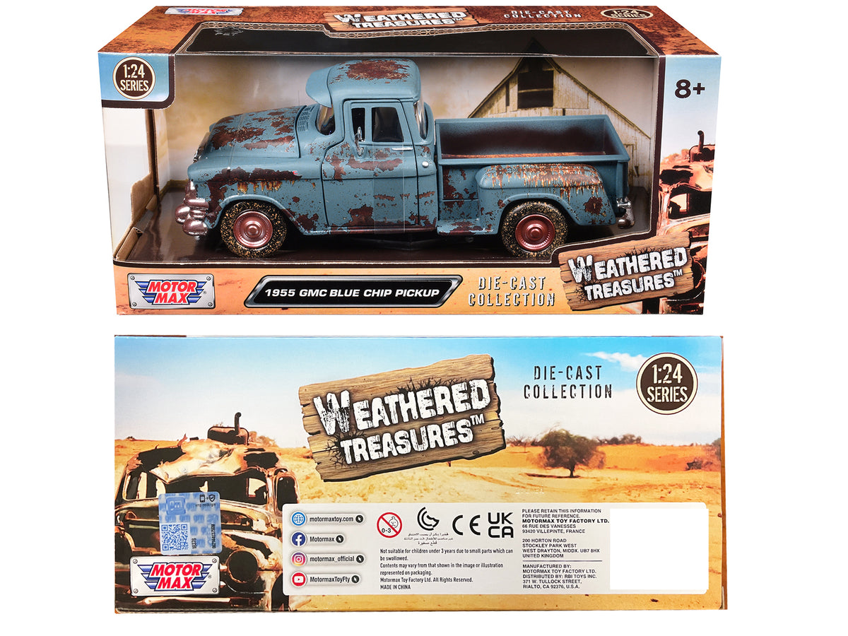 1955 GMC Blue Chip Pickup Truck Matt Blue (Rusted) 'Weathered Treasures' Series 1/24 Diecast Model Car by Motormax