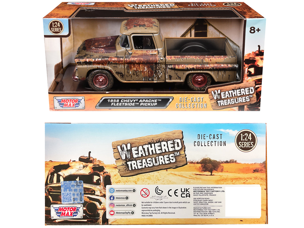 1958 Chevrolet Apache Fleetside Pickup Brown (Rusted) 'Weathered Treasures' Series 1/24 Diecast Model Car by Motormax