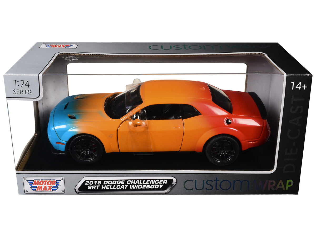 2018 Dodge Challenger SRT Hellcat Widebody Blue Orange and Red Gradient 'Custom Wrap' Series 1/24 Diecast Model Car by Motormax
