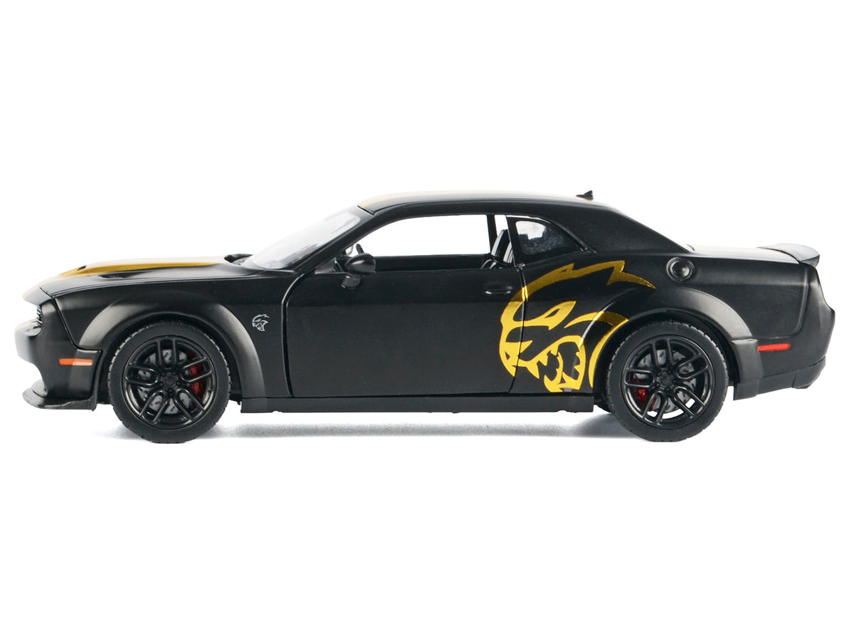 2018 Dodge Challenger SRT Hellcat Widebody Matt Black with Gold Stripes and Graphics 'Midnight Eclipse' Series 1/24 Diecast Model Car by Motormax
