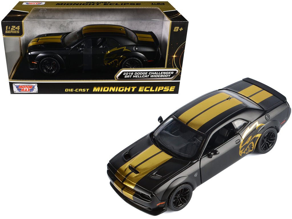 2018 Dodge Challenger SRT Hellcat Widebody Matt Black with Gold Stripes and Graphics 'Midnight Eclipse' Series 1/24 Diecast Model Car by Motormax