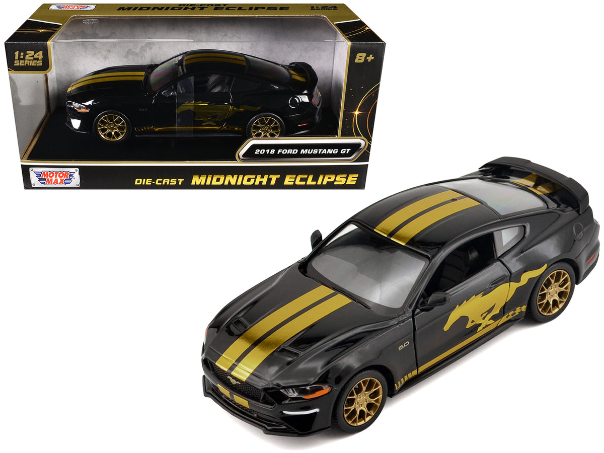 2018 Ford Mustang GT 5.0 Black with Gold Stripes and Graphics 'Midnight Eclipse' Series 1/24 Diecast Model Car by Motormax