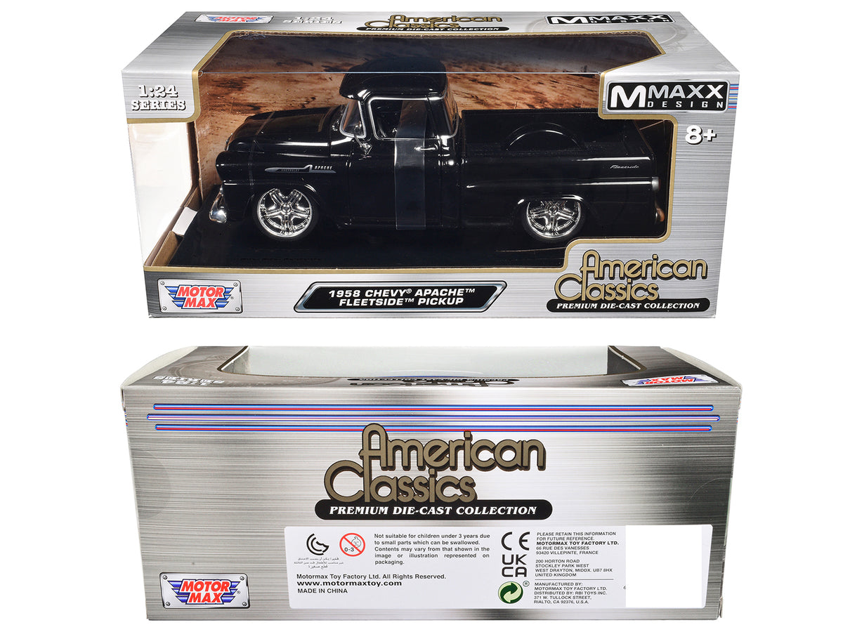 1958 Chevrolet Apache Fleetside Pickup Black 'Maxx Design' 'American Classics' Series 1/24 Diecast Model Car by Motormax