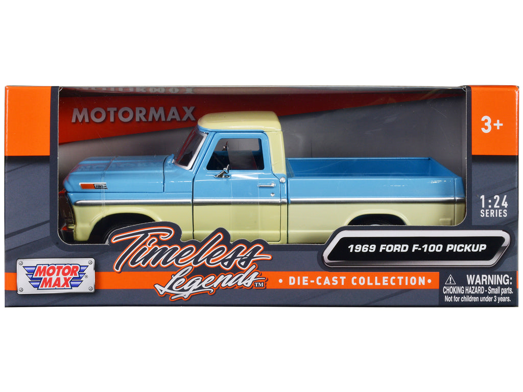 1969 Ford F-100 Pickup Truck Light Blue and Cream 'Timeless Legends' Series 1/24 Diecast Model Car by Motormax
