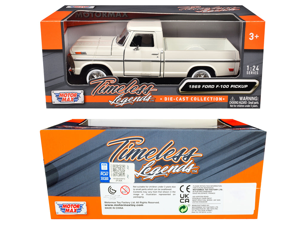 1969 Ford F-100 Pickup Truck Cream 'Timeless Legends' Series 1/24 Diecast Model Car by Motormax