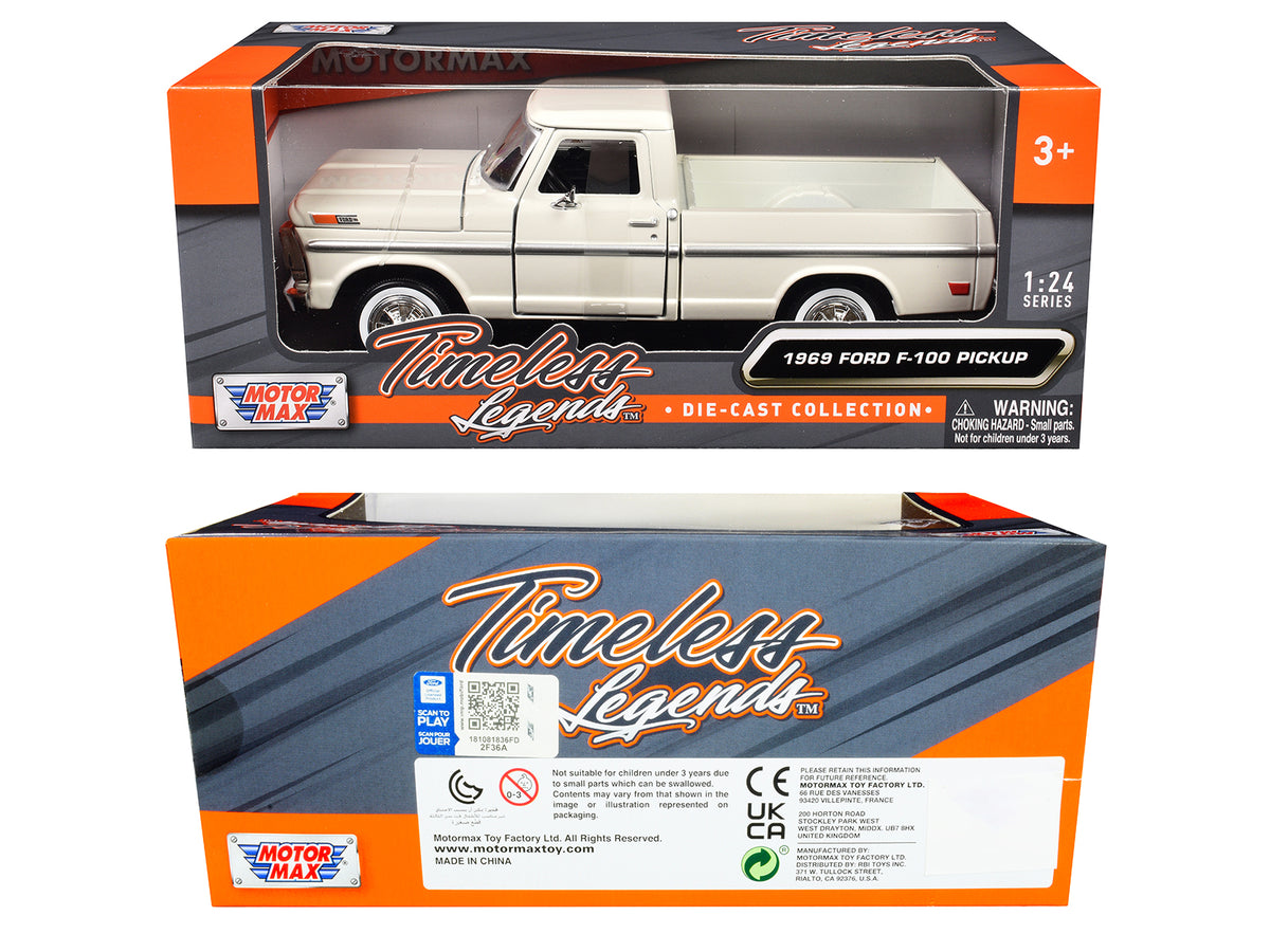 1969 Ford F-100 Pickup Truck Cream 'Timeless Legends' Series 1/24 Diecast Model Car by Motormax