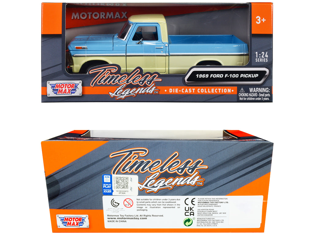 1969 Ford F-100 Pickup Truck Light Blue and Cream 'Timeless Legends' Series 1/24 Diecast Model Car by Motormax