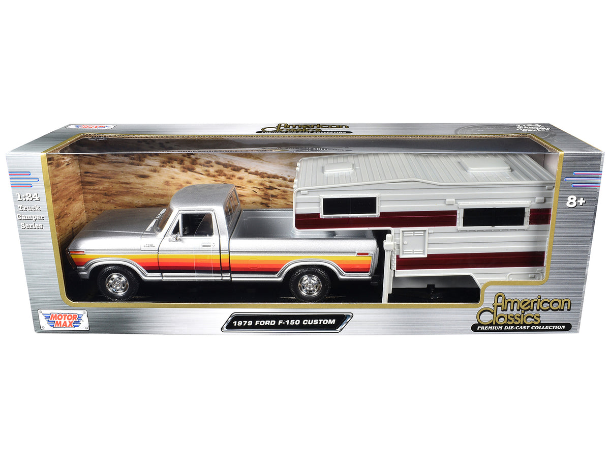 1979 Ford F-150 Custom Pickup Truck Silver Metallic with Side Stripes with Camper Shell 'American Classics' Series 1/24 Diecast Model Car by Motormax
