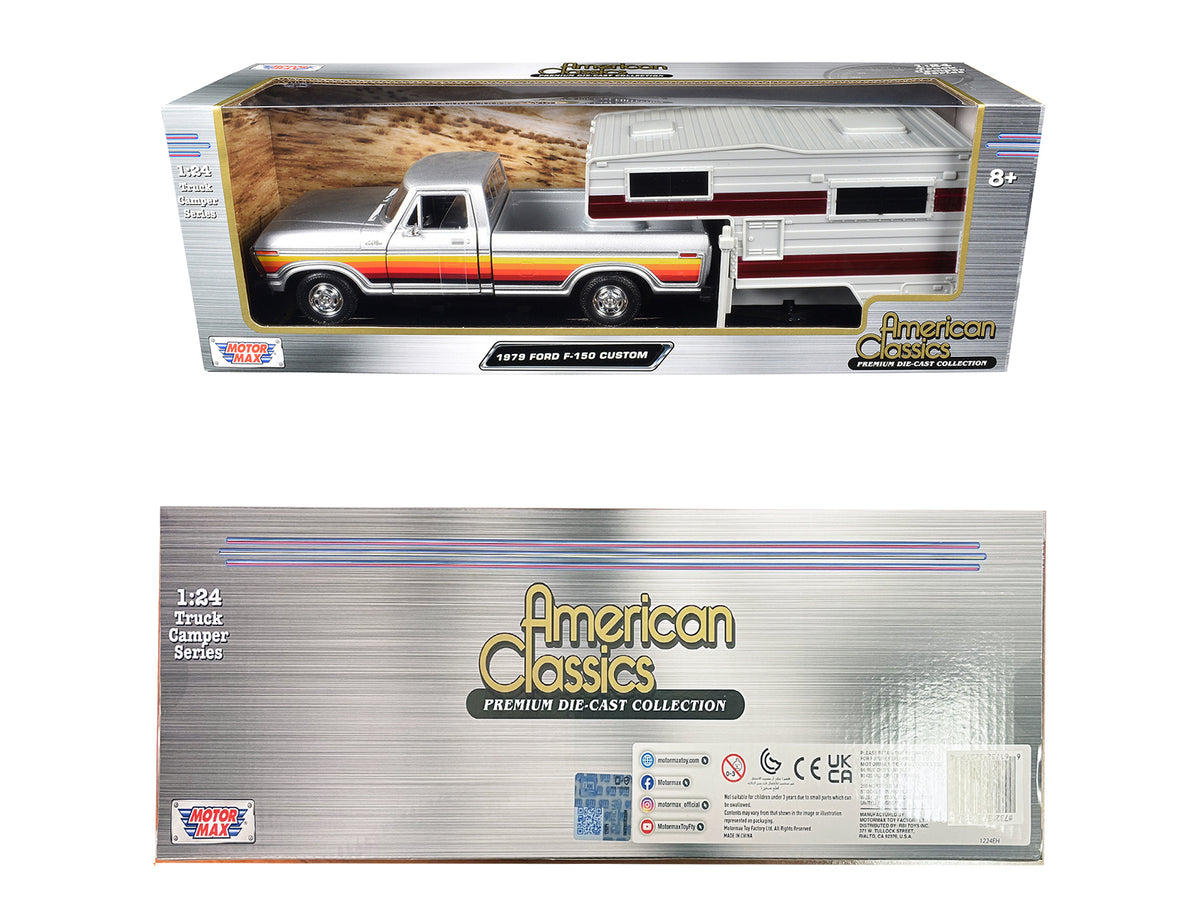 1979 Ford F-150 Custom Pickup Truck Silver Metallic with Side Stripes with Camper Shell 'American Classics' Series 1/24 Diecast Model Car by Motormax