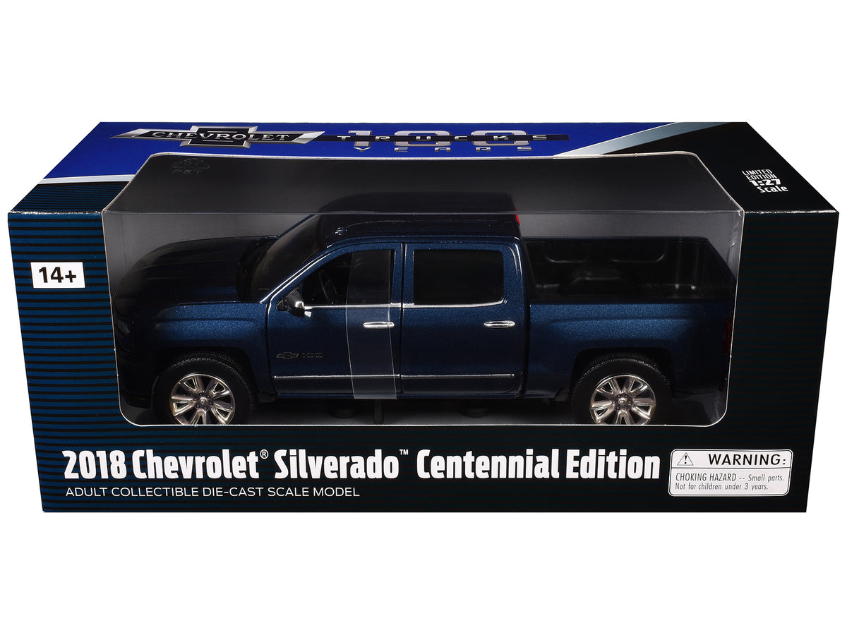 2018 Chevrolet Silverado LTZ Pickup Truck Centennial Edition Blue Metallic '100 Years Anniversary' 1/27 Diecast Model Car by Motormax