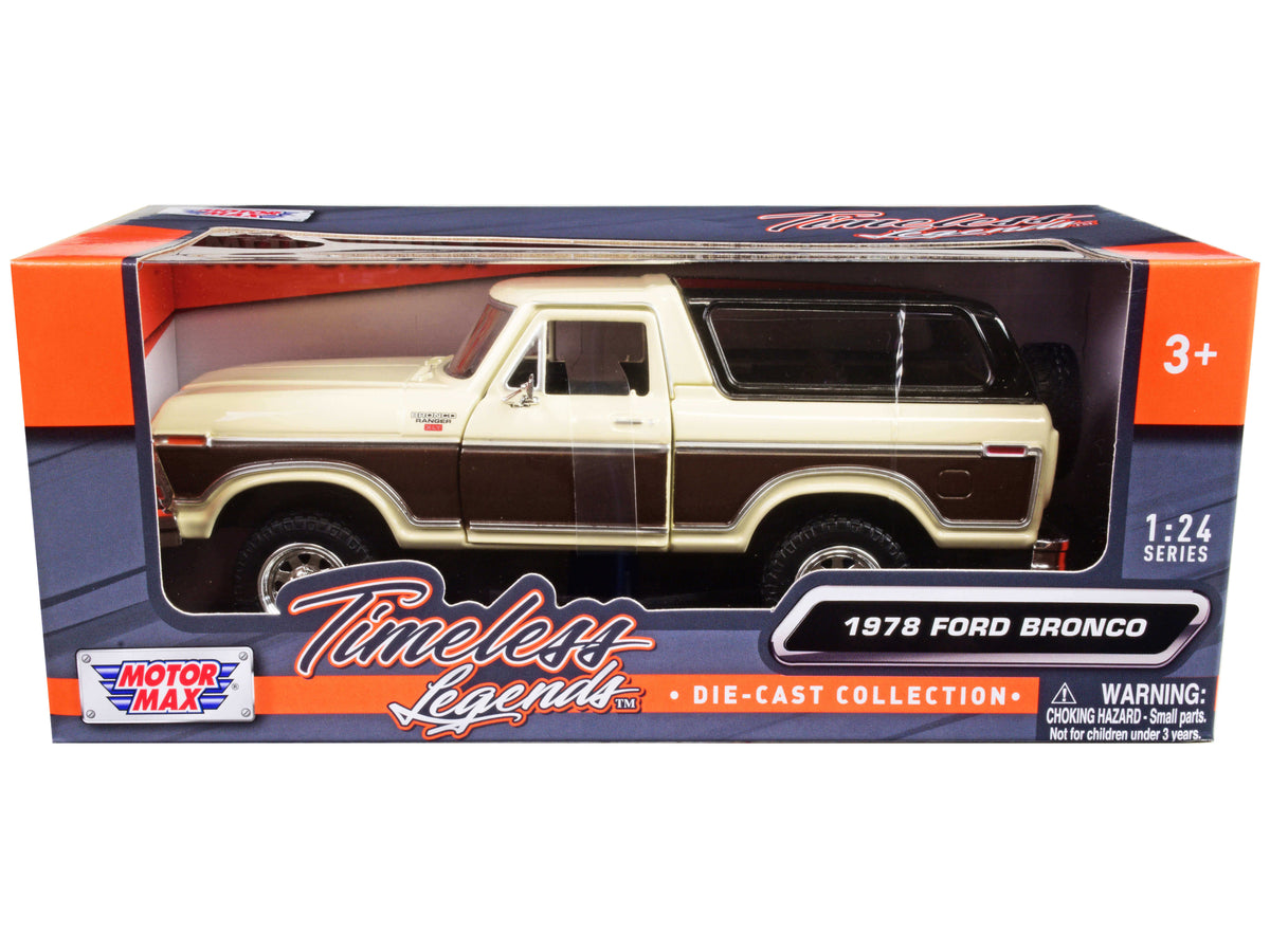 1978 Ford Bronco Ranger XLT with Spare Tire Cream and Brown with Black Camper Shell 'Timeless Legends' Series 1/24 Diecast Model Car by Motormax