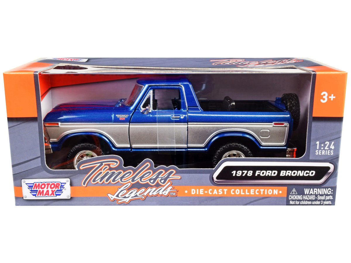 1978 Ford Bronco Ranger XLT (Open Top) with Spare Tire Blue Metallic and Silver 'Timeless Legends' Series 1/24 Diecast Model Car by Motormax