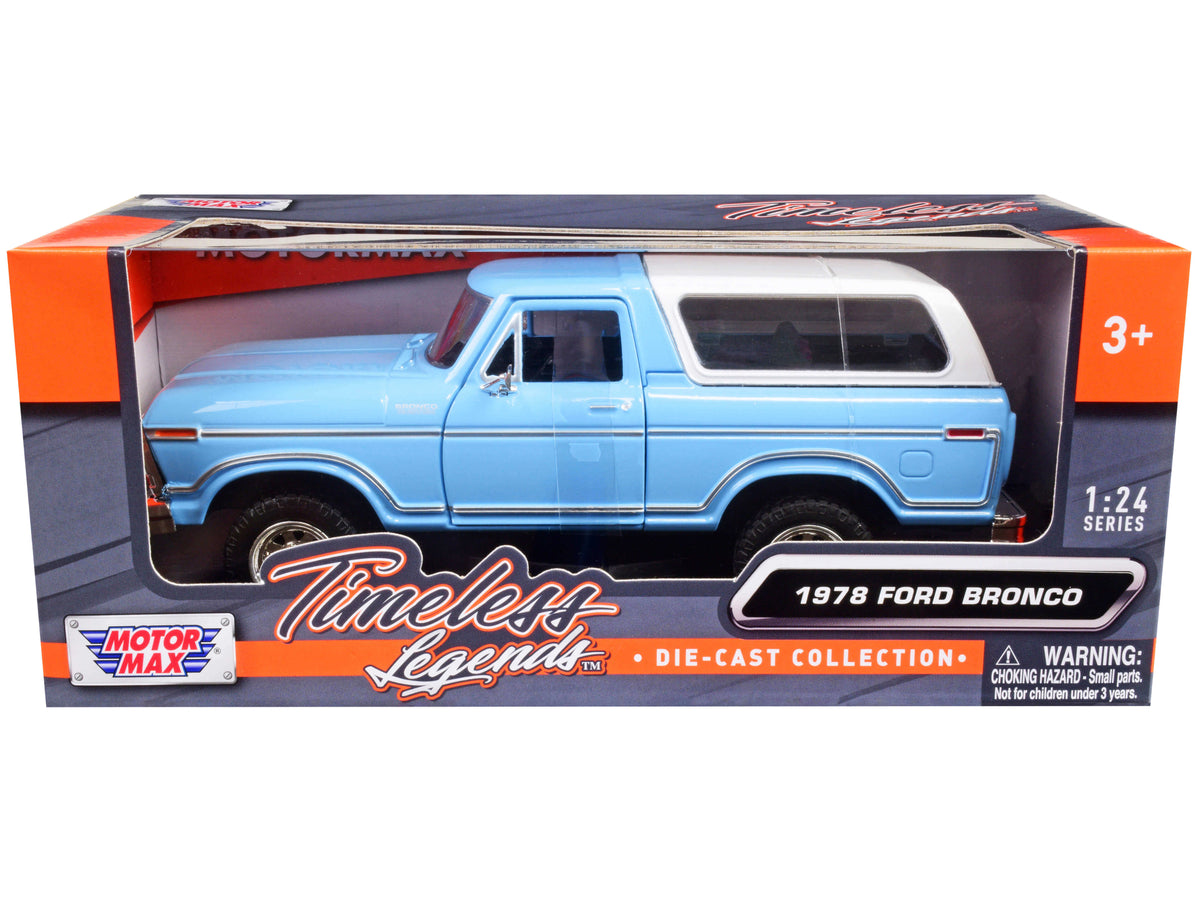 1978 Ford Bronco Custom Light Blue and White 'Timeless Legends' Series 1/24 Diecast Model Car by Motormax