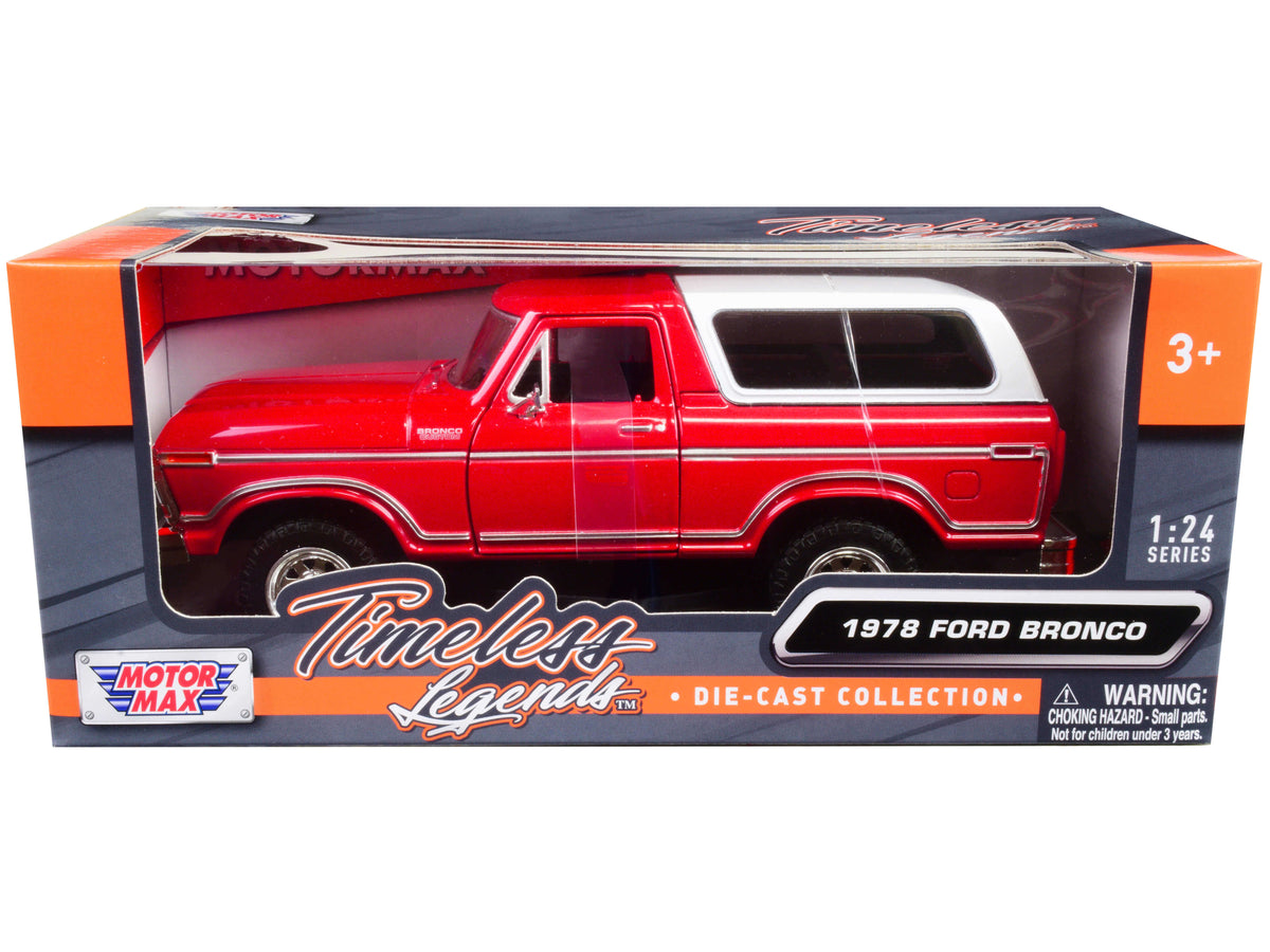 1978 Ford Bronco Custom Red and White 'Timeless Legends' Series 1/24 Diecast Model Car by Motormax