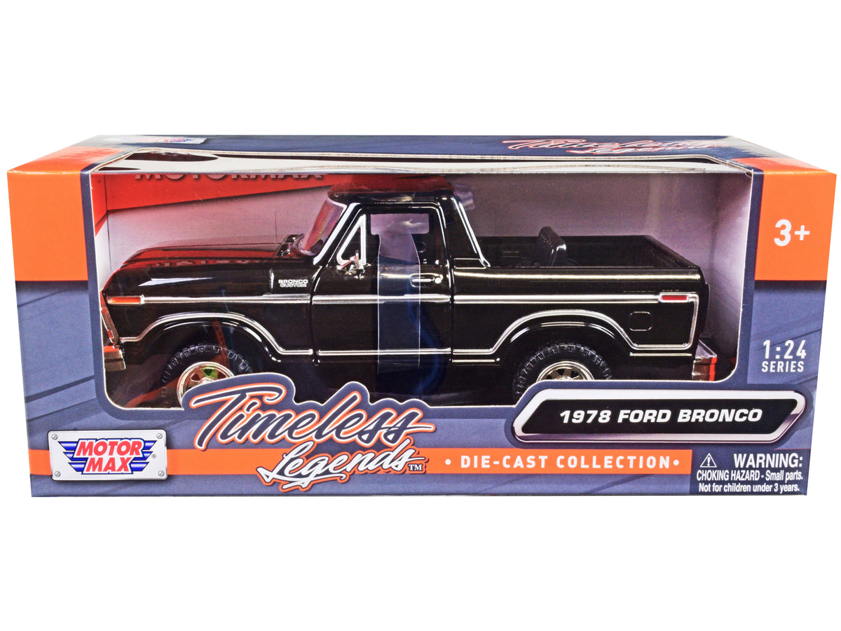 1978 Ford Bronco Custom (Open Top) Black 'Timeless Legends' Series 1/24 Diecast Model Car by Motormax