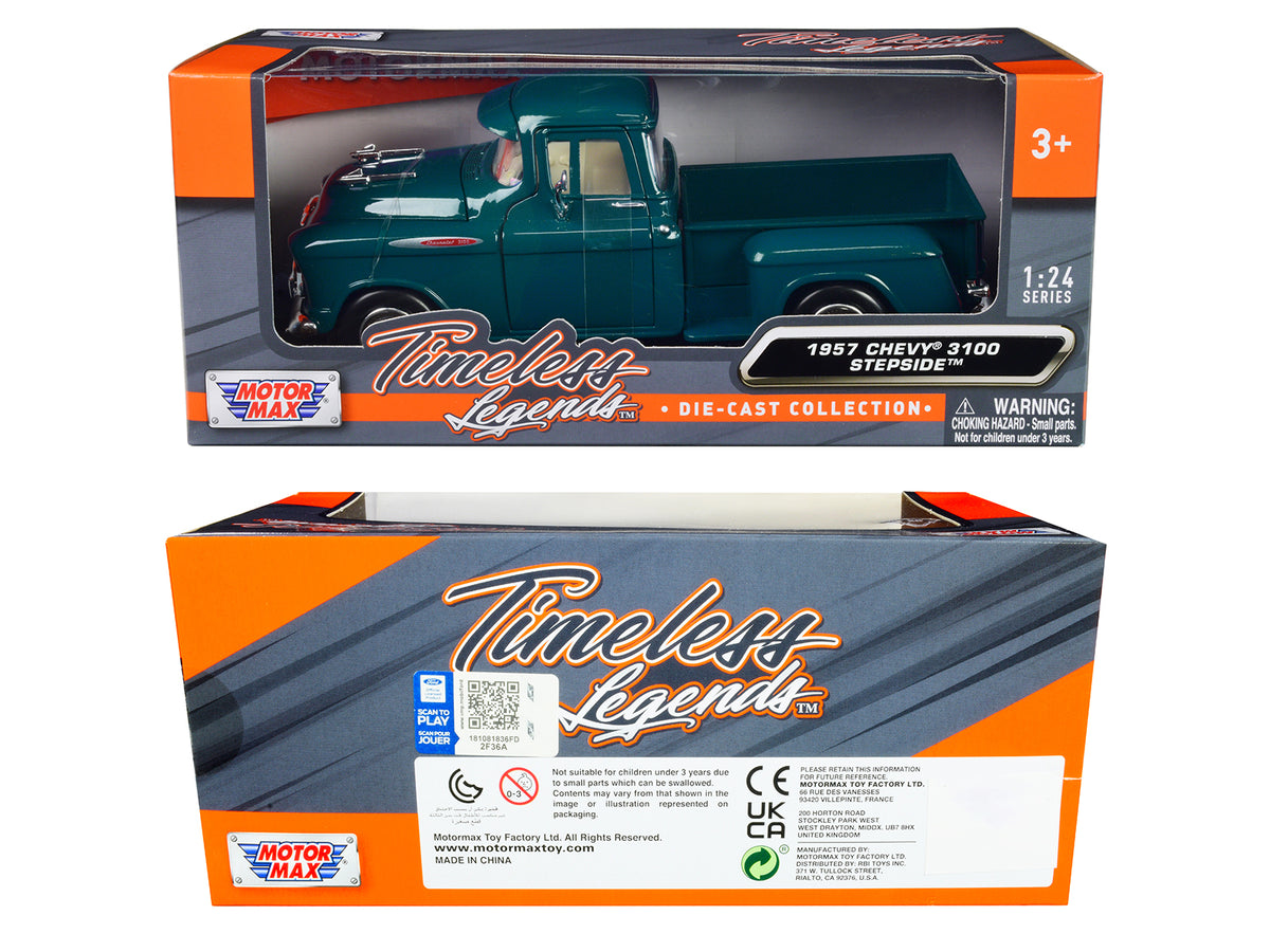 1957 Chevrolet 3100 Stepside Pickup Truck Teal Metallic 'Timeless Legends' Series 1/24 Diecast Model Car by Motormax
