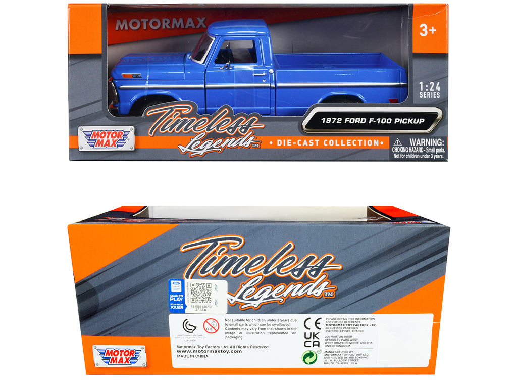 1972 Ford F-100 Pickup Truck Blue 'Timeless Legends' Series 1/24 Diecast Model Car by Motormax