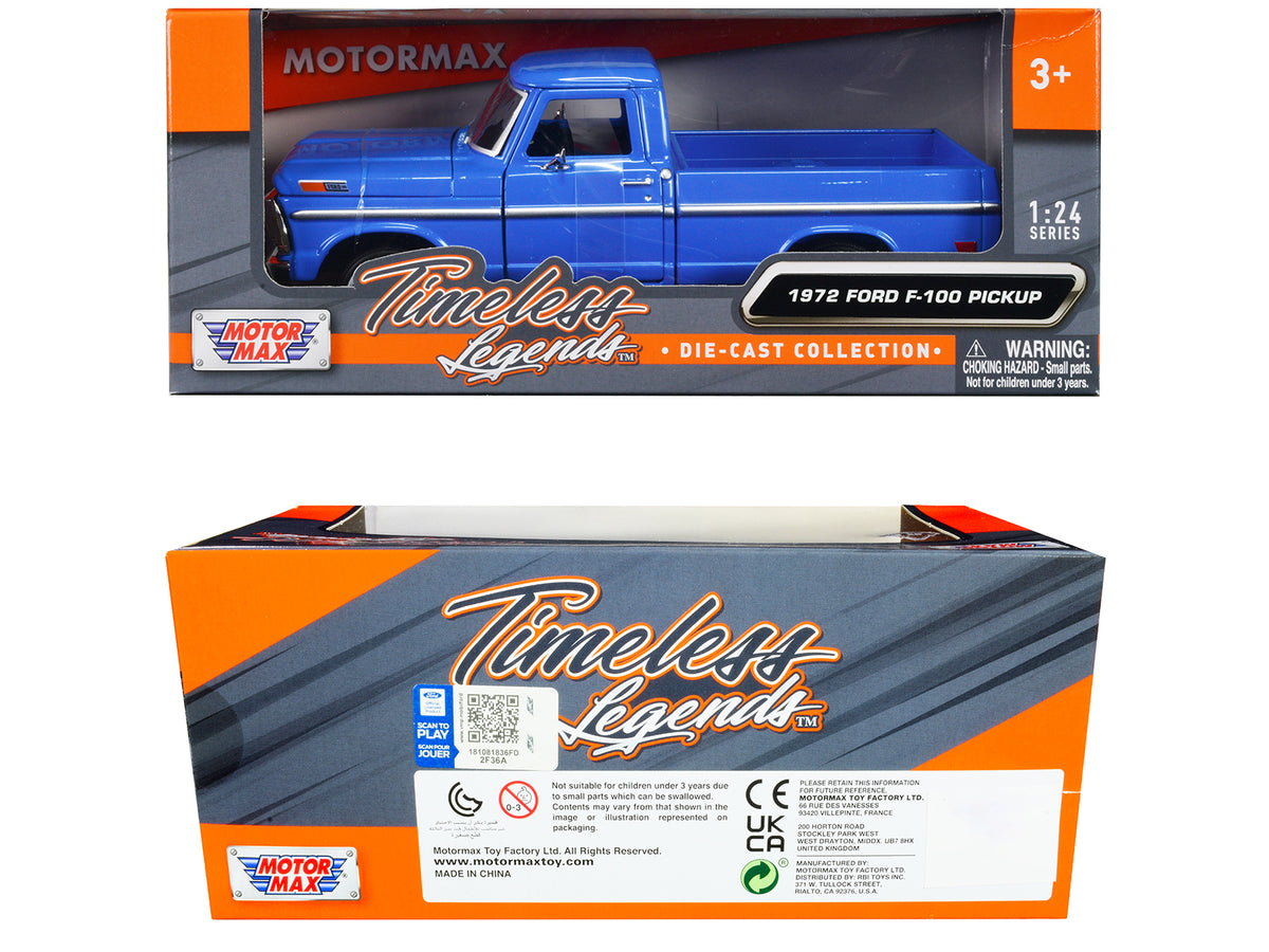 1972 Ford F-100 Pickup Truck Blue 'Timeless Legends' Series 1/24 Diecast Model Car by Motormax