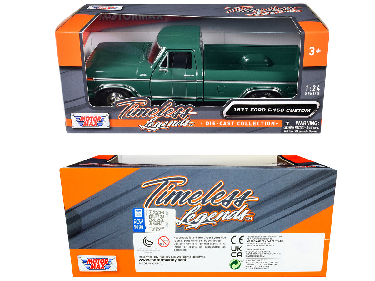 1977 Ford F-150 Custom Pickup Truck Green 'Timeless Legends' Series 1/24 Diecast Model Car by Motormax