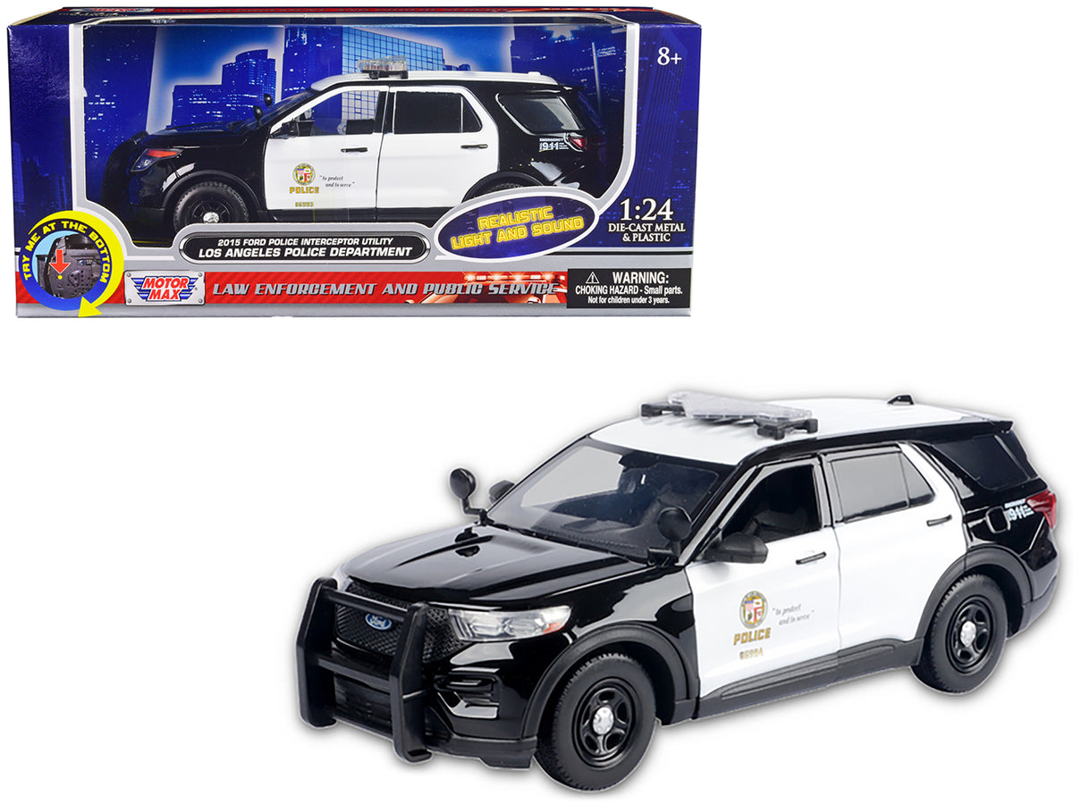 2015 Ford Police Interceptor Utility Black and White 'Los Angeles Police Department (LAPD)' with Flashing Light Bar and Front and Rear Lights and Sounds 1/24 Diecast Model Car by Motormax