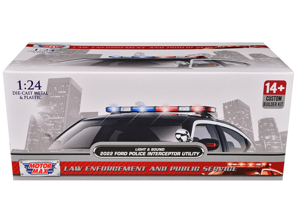 2022 Ford Police Interceptor Utility Black and White 'Builder's Kit' with Flashing Light Bar and Front and Rear Lights and Sounds 1/24 Diecast Model Car by Motormax