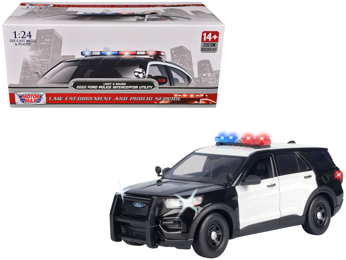 2022 Ford Police Interceptor Utility Black and White 'Builder's Kit' with Flashing Light Bar and Front and Rear Lights and Sounds 1/24 Diecast Model Car by Motormax