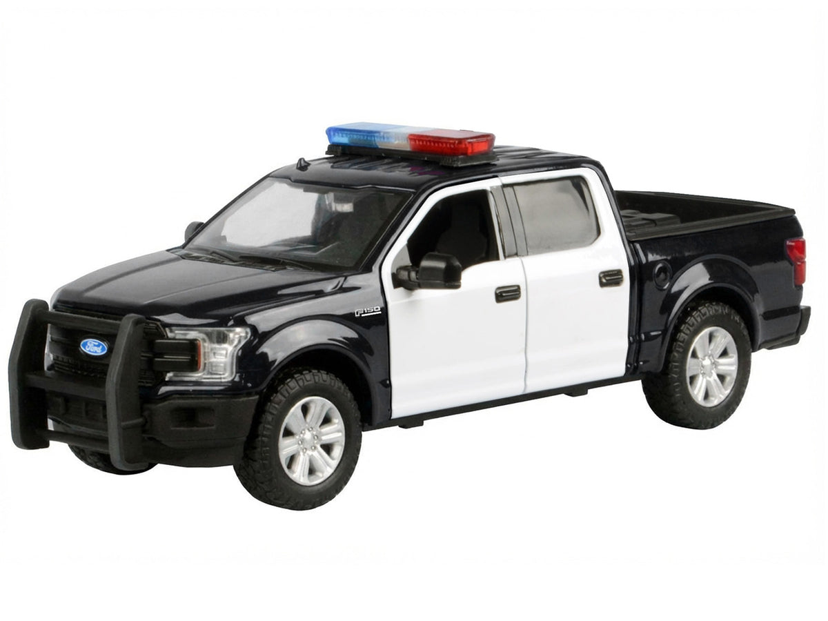 2019 Ford F-150 Lariat Crew Cab Pickup Truck Black and White with Flashing Light Bar and Front and Rear Lights and Sounds 1/24-1/27 Diecast Model Car by Motormax