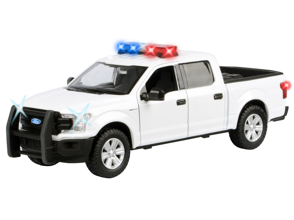 2019 Ford F-150 Lariat Crew Cab Pickup Truck White with Flashing Light Bar and Front and Rear Lights and Sounds 1/24-1/27 Diecast Model Car by Motormax