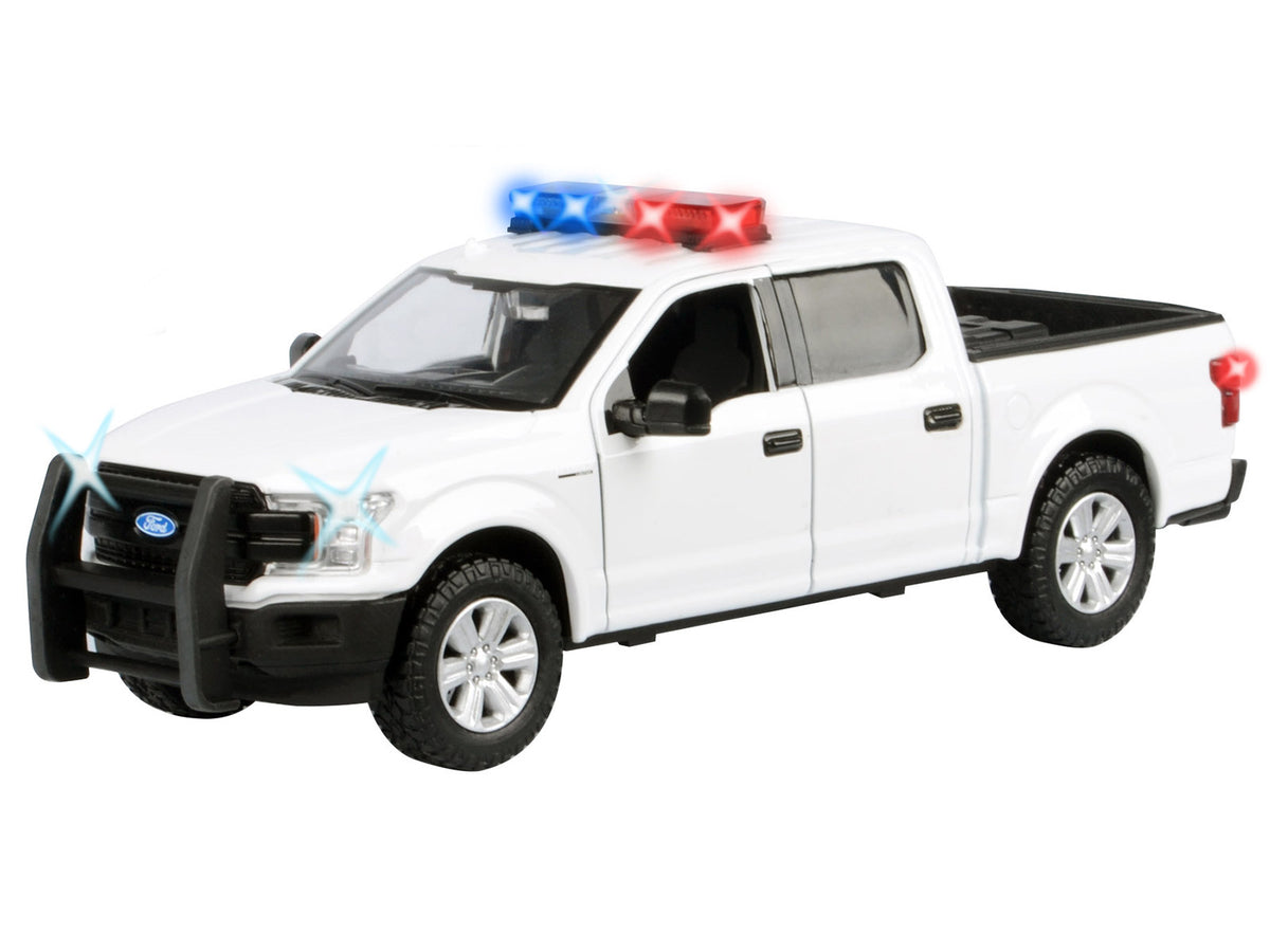 2019 Ford F-150 Lariat Crew Cab Pickup Truck White with Flashing Light Bar and Front and Rear Lights and Sounds 1/24-1/27 Diecast Model Car by Motormax