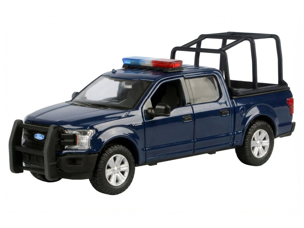 2019 Ford F-150 Lariat Crew Cab Pickup Truck with Bed Cage Dark Blue with Flashing Light Bar and Front and Rear Lights and Sounds 1/24-1/27 Diecast Model Car by Motormax